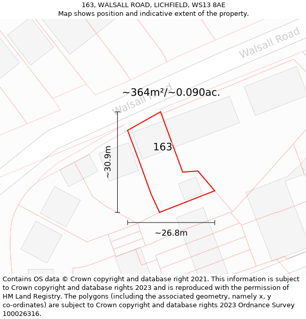 163, WALSALL ROAD, LICHFIELD, WS13 8AE: Plot and title map