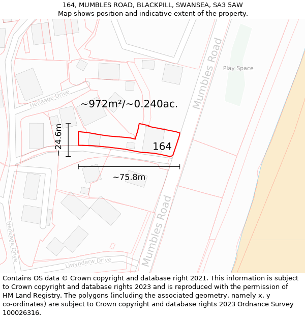 164, MUMBLES ROAD, BLACKPILL, SWANSEA, SA3 5AW: Plot and title map