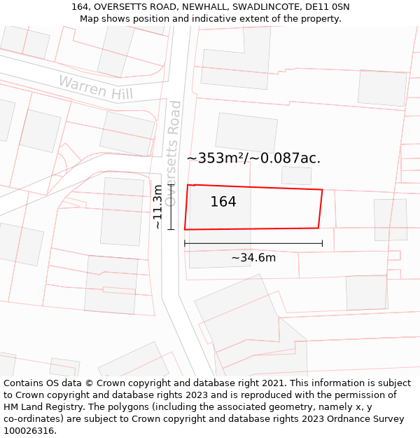 164, OVERSETTS ROAD, NEWHALL, SWADLINCOTE, DE11 0SN: Plot and title map