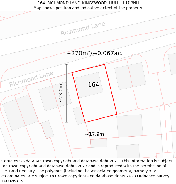 164, RICHMOND LANE, KINGSWOOD, HULL, HU7 3NH: Plot and title map