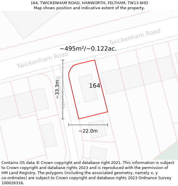 164, TWICKENHAM ROAD, HANWORTH, FELTHAM, TW13 6HD: Plot and title map