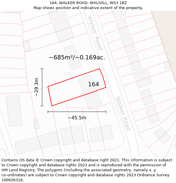 164, WALKER ROAD, WALSALL, WS3 1BZ: Plot and title map