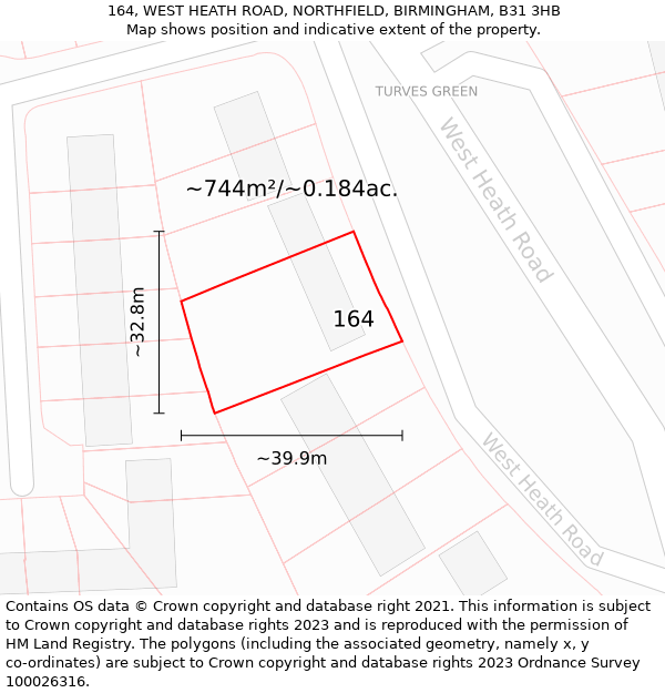 164, WEST HEATH ROAD, NORTHFIELD, BIRMINGHAM, B31 3HB: Plot and title map