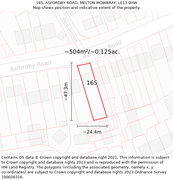 165, ASFORDBY ROAD, MELTON MOWBRAY, LE13 0HW: Plot and title map