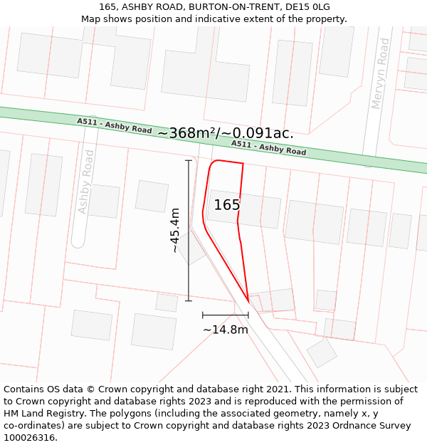 165, ASHBY ROAD, BURTON-ON-TRENT, DE15 0LG: Plot and title map