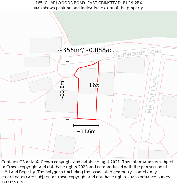 165, CHARLWOODS ROAD, EAST GRINSTEAD, RH19 2RX: Plot and title map