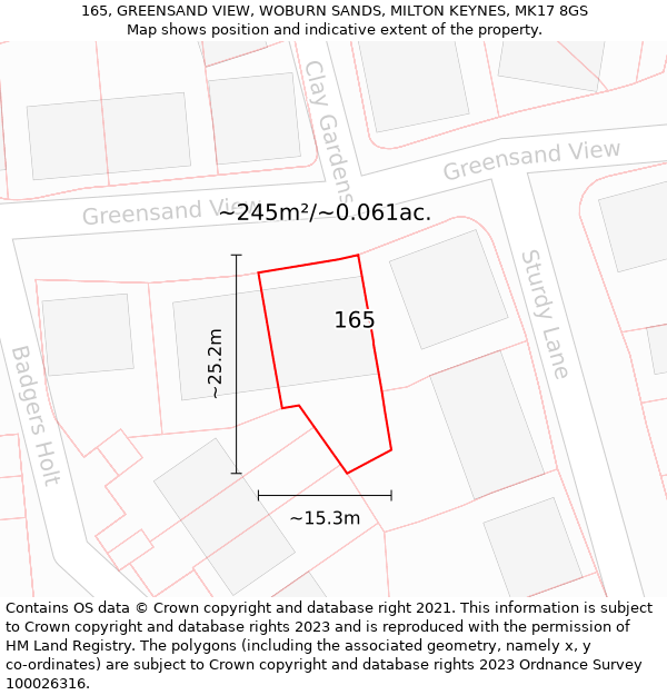 165, GREENSAND VIEW, WOBURN SANDS, MILTON KEYNES, MK17 8GS: Plot and title map