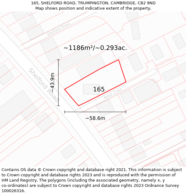 165, SHELFORD ROAD, TRUMPINGTON, CAMBRIDGE, CB2 9ND: Plot and title map