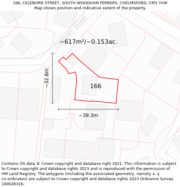 166, CELEBORN STREET, SOUTH WOODHAM FERRERS, CHELMSFORD, CM3 7AW: Plot and title map