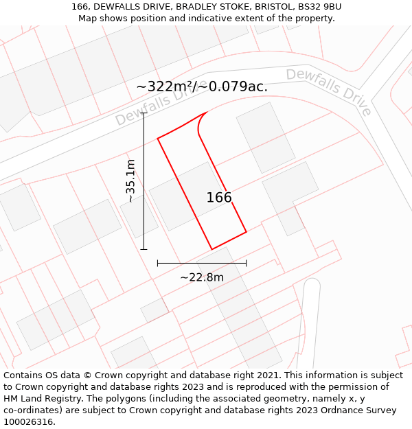 166, DEWFALLS DRIVE, BRADLEY STOKE, BRISTOL, BS32 9BU: Plot and title map