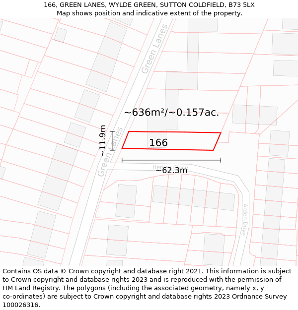 166, GREEN LANES, WYLDE GREEN, SUTTON COLDFIELD, B73 5LX: Plot and title map