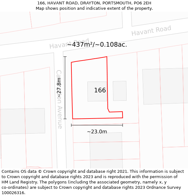 166, HAVANT ROAD, DRAYTON, PORTSMOUTH, PO6 2EH: Plot and title map