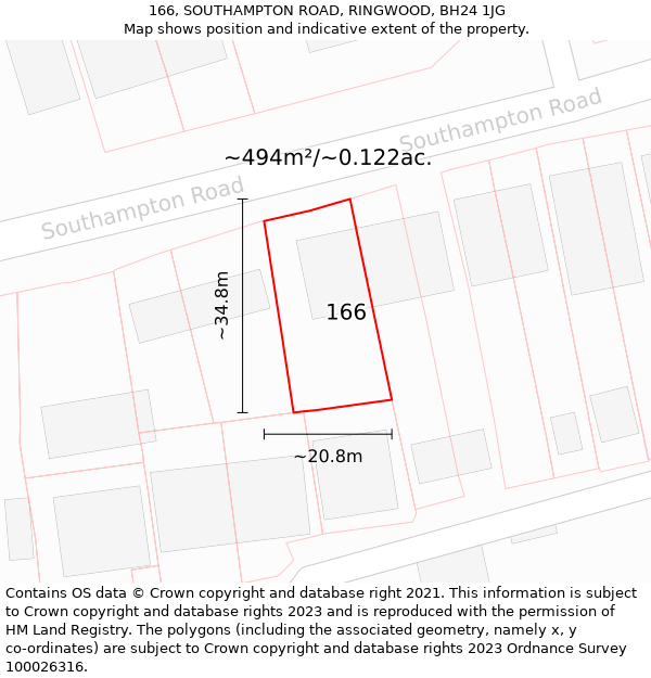 166, SOUTHAMPTON ROAD, RINGWOOD, BH24 1JG: Plot and title map