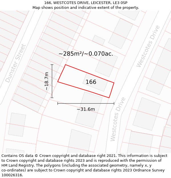 166, WESTCOTES DRIVE, LEICESTER, LE3 0SP: Plot and title map