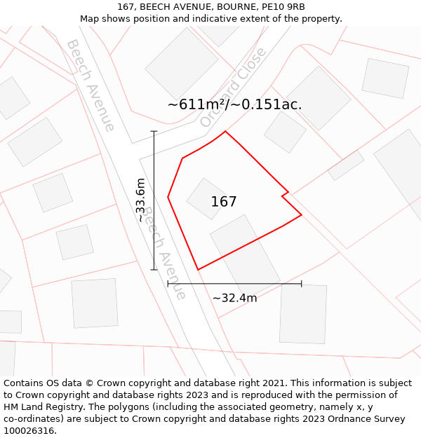 167, BEECH AVENUE, BOURNE, PE10 9RB: Plot and title map