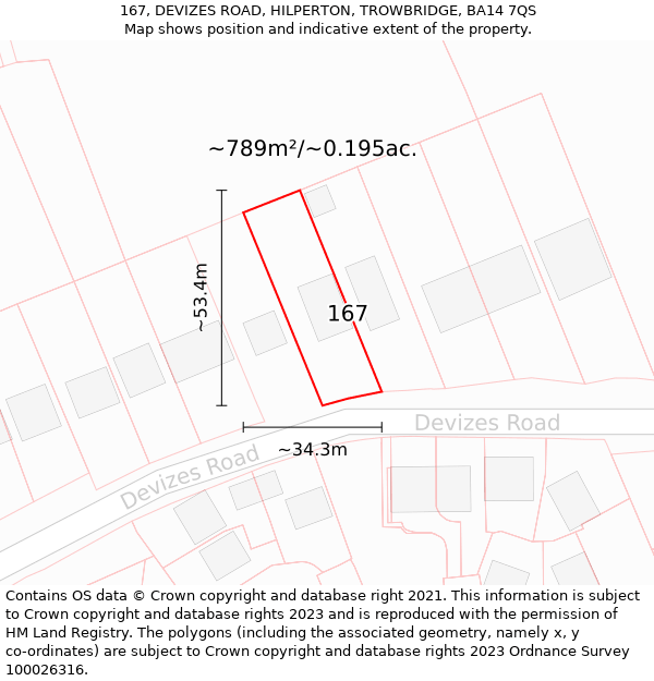 167, DEVIZES ROAD, HILPERTON, TROWBRIDGE, BA14 7QS: Plot and title map