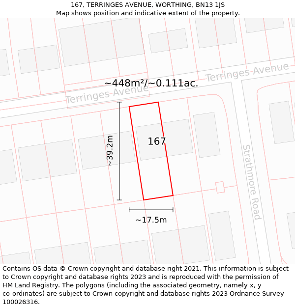 167, TERRINGES AVENUE, WORTHING, BN13 1JS: Plot and title map