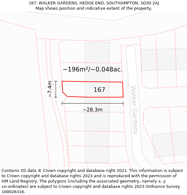 167, WALKER GARDENS, HEDGE END, SOUTHAMPTON, SO30 2AJ: Plot and title map