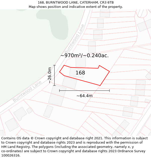 168, BURNTWOOD LANE, CATERHAM, CR3 6TB: Plot and title map