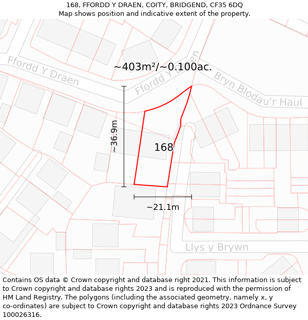 168, FFORDD Y DRAEN, COITY, BRIDGEND, CF35 6DQ: Plot and title map