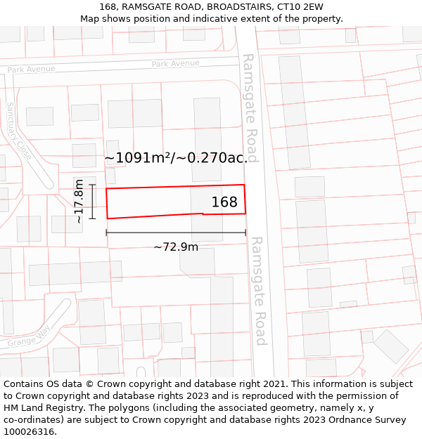 168, RAMSGATE ROAD, BROADSTAIRS, CT10 2EW: Plot and title map