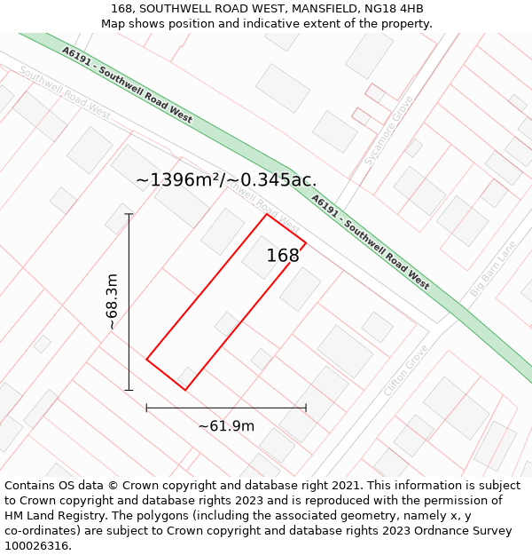 168, SOUTHWELL ROAD WEST, MANSFIELD, NG18 4HB: Plot and title map