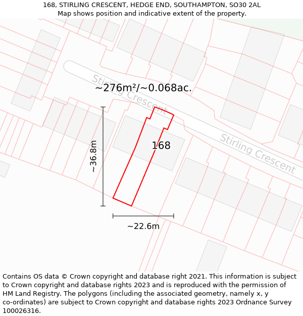 168, STIRLING CRESCENT, HEDGE END, SOUTHAMPTON, SO30 2AL: Plot and title map