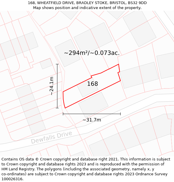 168, WHEATFIELD DRIVE, BRADLEY STOKE, BRISTOL, BS32 9DD: Plot and title map