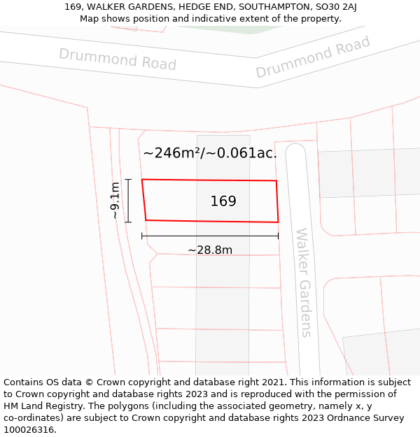 169, WALKER GARDENS, HEDGE END, SOUTHAMPTON, SO30 2AJ: Plot and title map