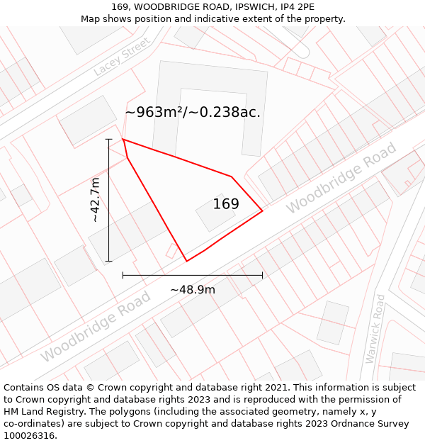 169, WOODBRIDGE ROAD, IPSWICH, IP4 2PE: Plot and title map