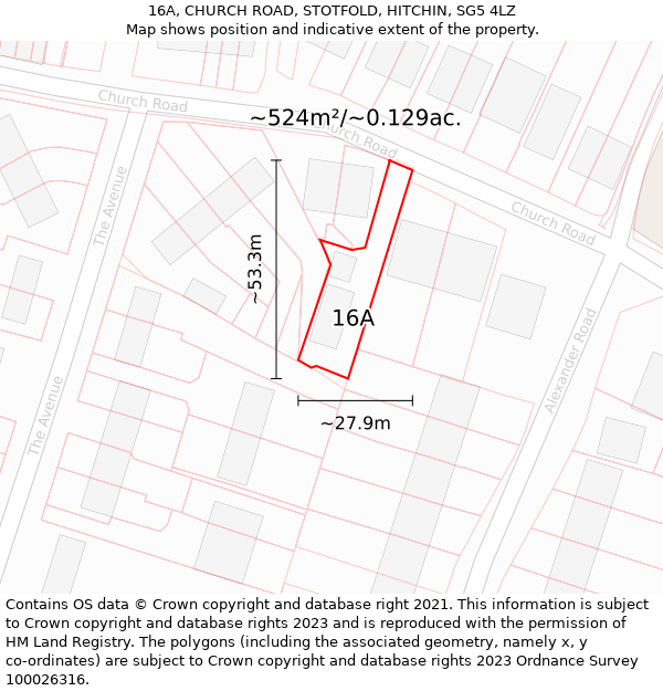 16A, CHURCH ROAD, STOTFOLD, HITCHIN, SG5 4LZ: Plot and title map