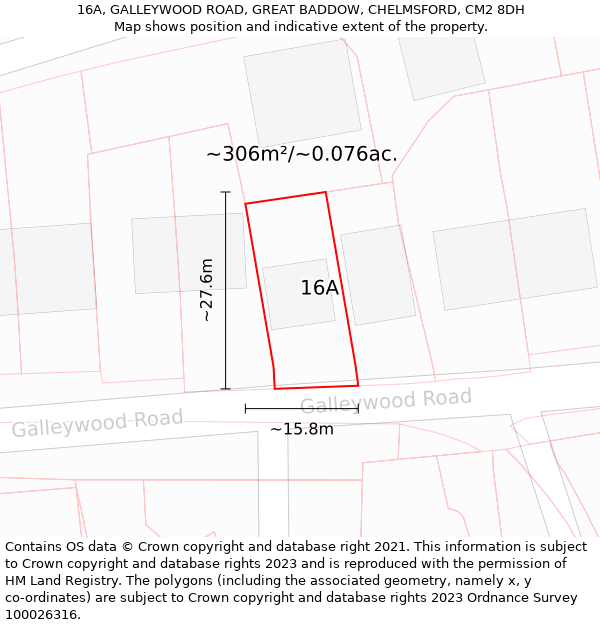 16A, GALLEYWOOD ROAD, GREAT BADDOW, CHELMSFORD, CM2 8DH: Plot and title map