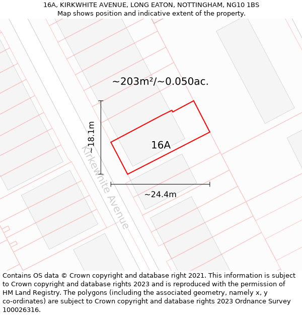 16A, KIRKWHITE AVENUE, LONG EATON, NOTTINGHAM, NG10 1BS: Plot and title map