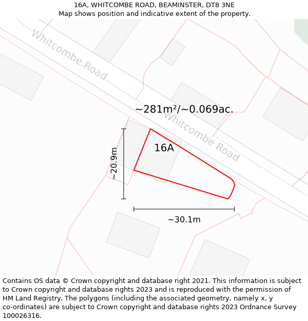 16A, WHITCOMBE ROAD, BEAMINSTER, DT8 3NE: Plot and title map