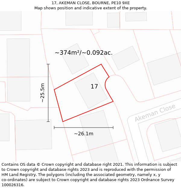 17, AKEMAN CLOSE, BOURNE, PE10 9XE: Plot and title map