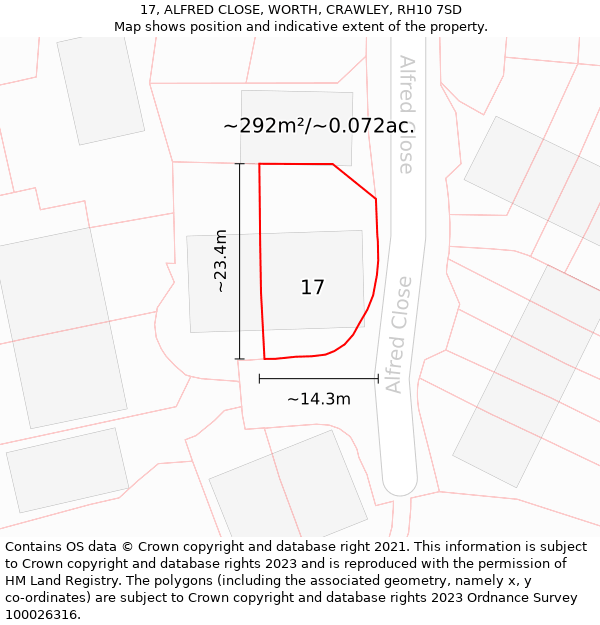 17, ALFRED CLOSE, WORTH, CRAWLEY, RH10 7SD: Plot and title map