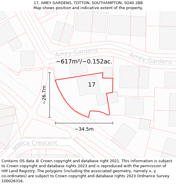 17, AMEY GARDENS, TOTTON, SOUTHAMPTON, SO40 2BB: Plot and title map