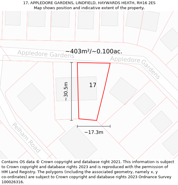 17, APPLEDORE GARDENS, LINDFIELD, HAYWARDS HEATH, RH16 2ES: Plot and title map