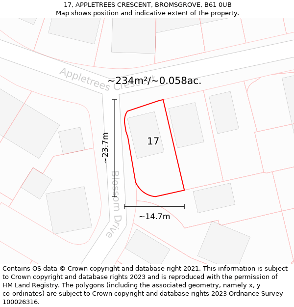 17, APPLETREES CRESCENT, BROMSGROVE, B61 0UB: Plot and title map