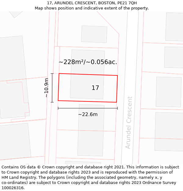 17, ARUNDEL CRESCENT, BOSTON, PE21 7QH: Plot and title map