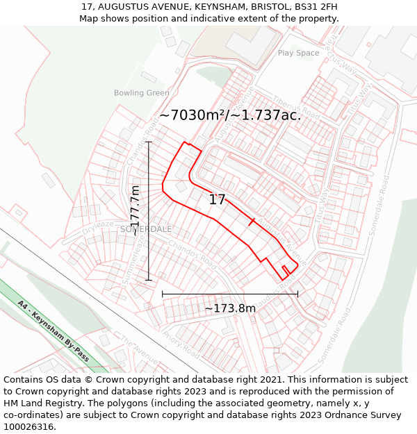 17, AUGUSTUS AVENUE, KEYNSHAM, BRISTOL, BS31 2FH: Plot and title map