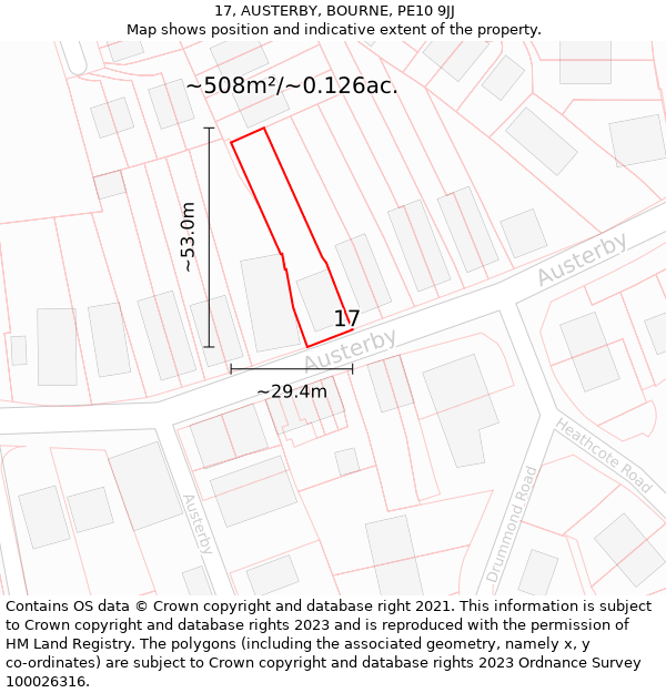 17, AUSTERBY, BOURNE, PE10 9JJ: Plot and title map