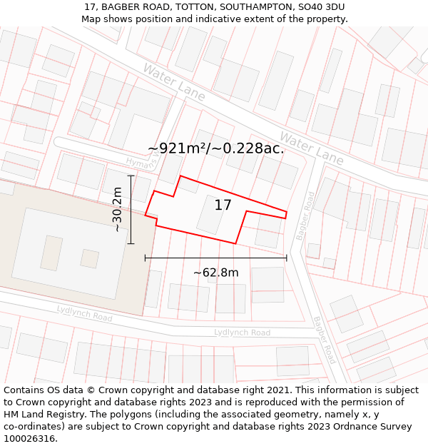 17, BAGBER ROAD, TOTTON, SOUTHAMPTON, SO40 3DU: Plot and title map