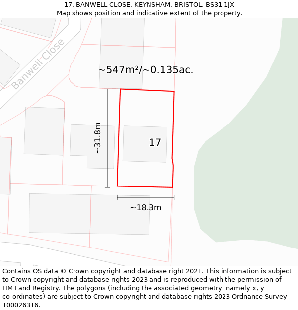 17, BANWELL CLOSE, KEYNSHAM, BRISTOL, BS31 1JX: Plot and title map