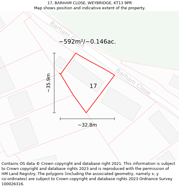 17, BARHAM CLOSE, WEYBRIDGE, KT13 9PR: Plot and title map