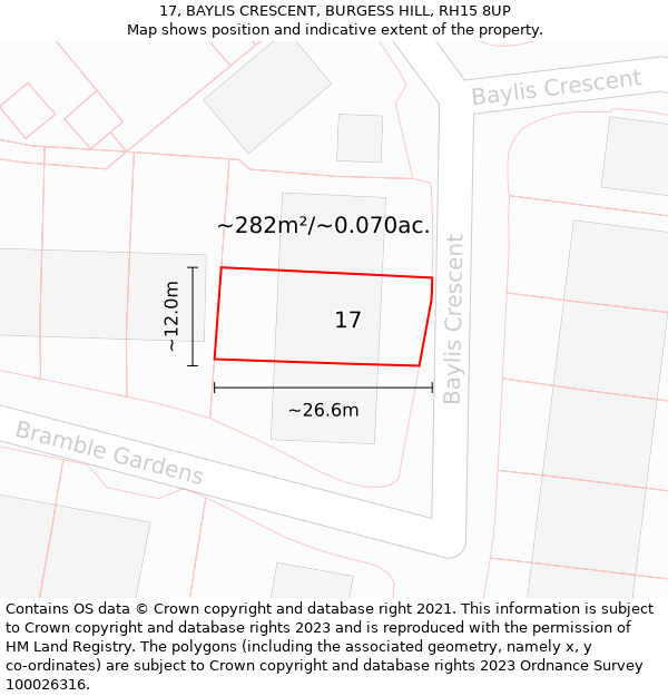 17, BAYLIS CRESCENT, BURGESS HILL, RH15 8UP: Plot and title map