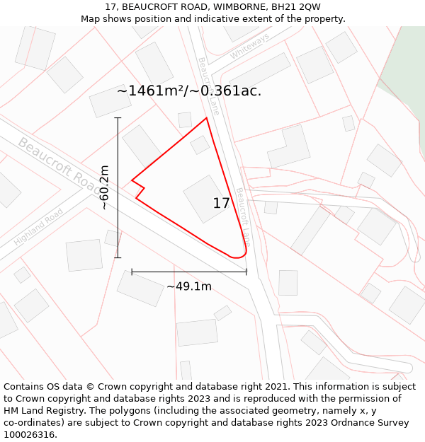 17, BEAUCROFT ROAD, WIMBORNE, BH21 2QW: Plot and title map