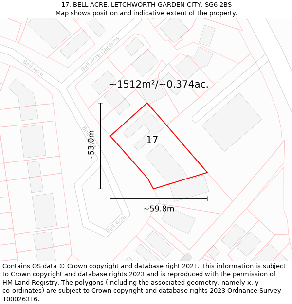 17, BELL ACRE, LETCHWORTH GARDEN CITY, SG6 2BS: Plot and title map