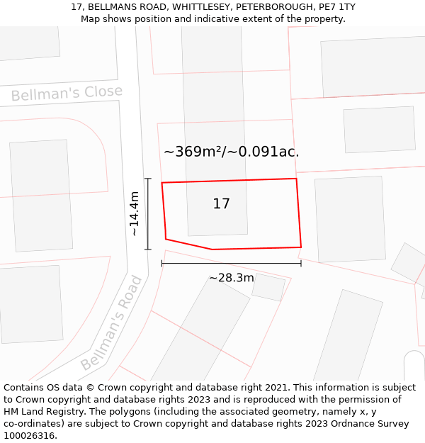 17, BELLMANS ROAD, WHITTLESEY, PETERBOROUGH, PE7 1TY: Plot and title map