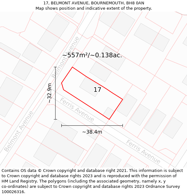 17, BELMONT AVENUE, BOURNEMOUTH, BH8 0AN: Plot and title map